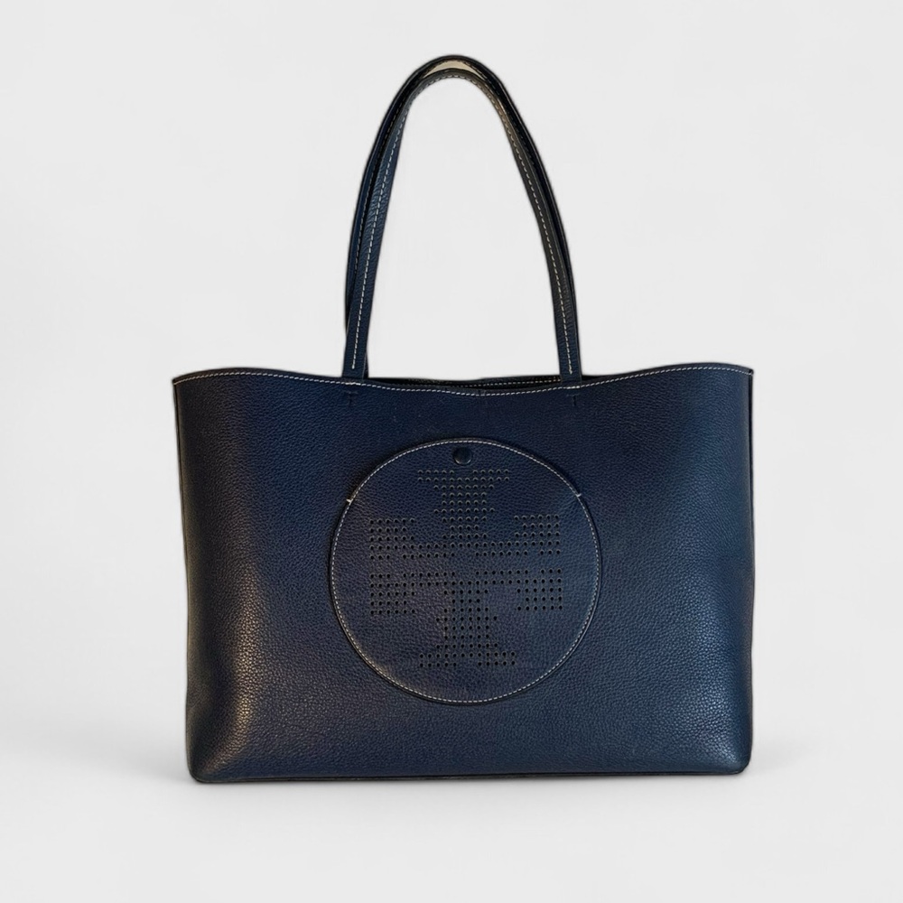Tory Burch Perforated Logo Large Leather Tote In Royal Navy / Cherry Apple